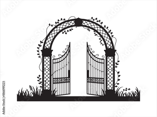 Decorative garden gate silhouette, Ornate wrought iron gate silhouette vector illustration