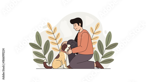 Man kneeling and petting a dog with love and care.