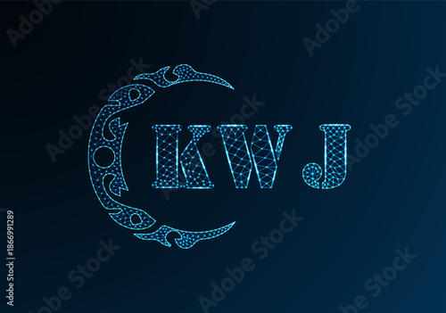 Low poly letter logo KWJ design. KWJ letter logo low poly vector design on blue color gradient background. KWJ logo low poly design