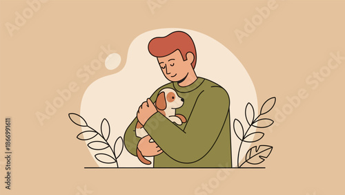 Man lovingly holding a small puppy in his arms.
