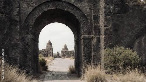 Ancient Stone Archway Leading to Historic Ruins Under a Bright Sky.
