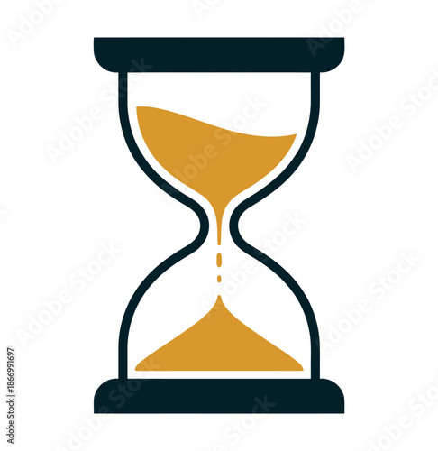 A simple graphic illustration of an hourglass with yellow sand on a white background
