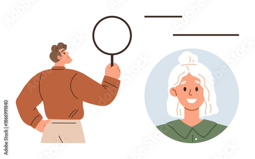 Recruitment, identity verification, profile search, human resources, online hiring, evaluation. Man with magnifying glass inspecting female portrait illustration. Recruitment and identity