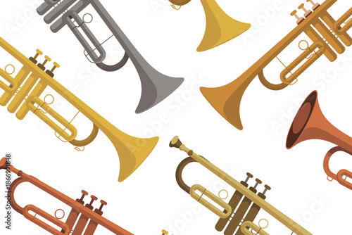 A colorful illustration of multiple trumpets in different shades and orientations on a white background