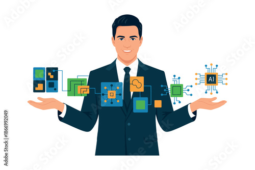 A smiling businessman presenting various digital icons and AI symbols in a modern and innovative way.