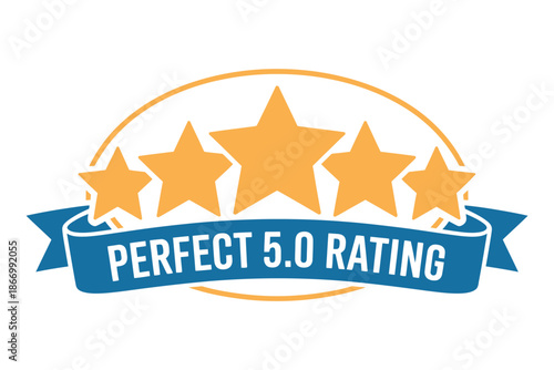 A graphic design of a perfect 5.0 rating with five yellow stars and a blue banner on a white background