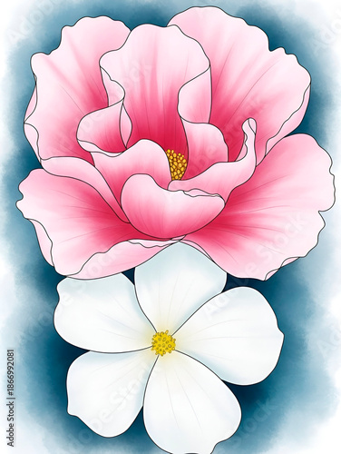 A romantic, airy vertical illustration featuring two flowers—pink and white—on a soft blue abstract background. It's executed in soft pastel tones.