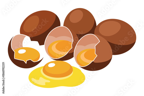A cartoon illustration of brown eggs with some cracked open to show the yolks