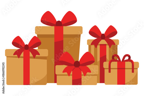 A collection of beautifully wrapped gifts with red ribbons and bows on a white background