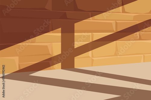 A graphic illustration of a brown wooden railing in front of a yellow brick wall with shadows cast on the floor.