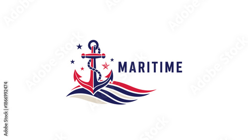 Nautical Anchor Emblem with Maritime Text and Waves.