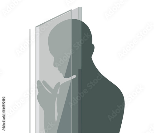 A silhouette of a man smoking a cigarette in a doorway with a glass wall