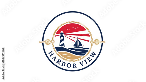 Nautical Harbor View Logo with Lighthouse and Sailboat.