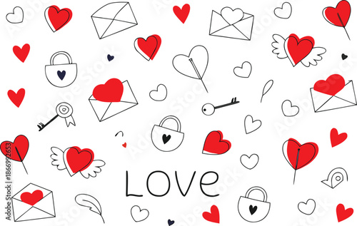 Valentine’s Day Seamless Doodle Pattern with Hearts, Love Letters and Cupid Icons, Adobe Illustrator Artwork