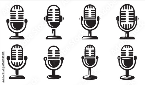 Retro microphone icon collection audio recording studio and broadcasting vector