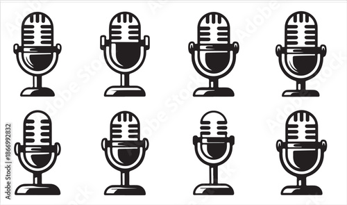 Vintage microphone silhouettes set classic retro mic icons for podcast and radio