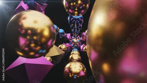 Abstract 3D rendering of interconnected golden spheres and magenta geometric shapes creating a complex, reflective, and intricate pattern in a dark space.