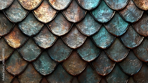 Wallpaper Mural Artisan Scales: A meticulously crafted collection of metallic scales showcases intricate textures and a captivating array of earthy tones, evoking a sense of ancient craftsmanship and timeless design. Torontodigital.ca