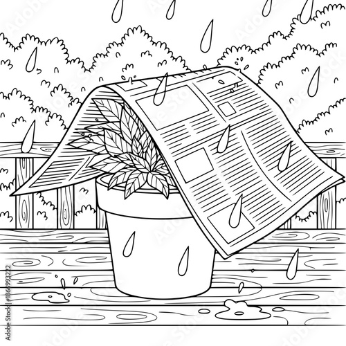 Potted plant covered during rain minimalist illustration