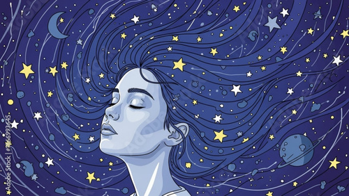 Woman with flowing starry hair cosmic dreamscape illustration symbolizing imagination and the universe perfect for fantasy concepts