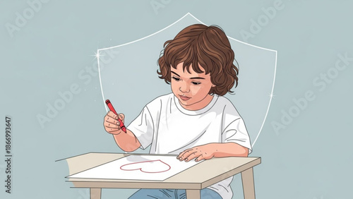 Young child drawing with a crayon at a desk concept of creativity and childhood development illustration on a light blue background