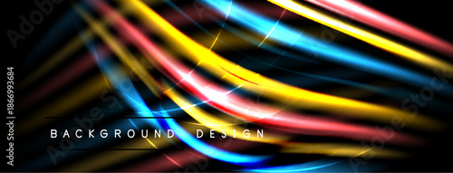 Abstract background features vibrant lines, glowing streaks. Dark space contrasts bright colors, creating dynamic visual effect. Text reads background design.