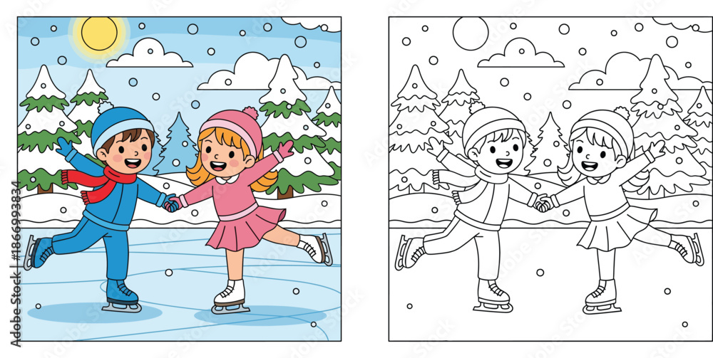Fototapeta premium Coloring book page of happy kids ice skating in winter landscape, vector illustration with outline.