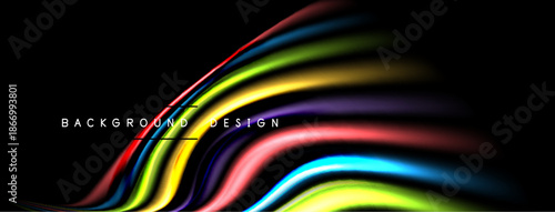 Abstract colorful lines form dynamic background. Smooth gradients create modern visual effect. Dark space emphasizes vibrant hues.