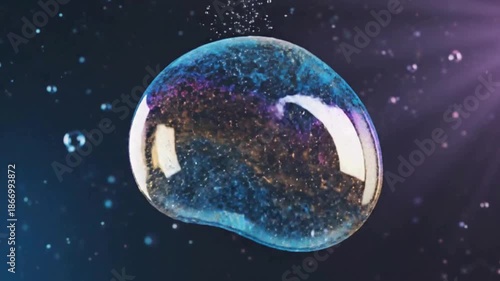 A large, clear, iridescent liquid blob with sparkling particles inside, surrounded by smaller bubbles in a dark, illuminated water environment.