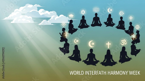 People from different faiths meditating together in harmony with religious symbols around them on a sunny day with clouds with interfaith harmony