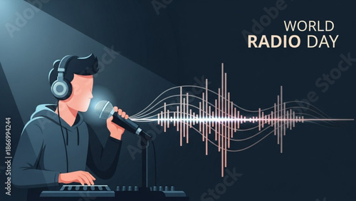 Man wearing headphones speaking into a microphone with sound waves coming out on world radio day with audio and broadcast and music and podcast