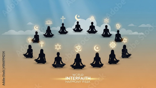 People from different faiths meditating together in harmony with religious symbols around them for world interfaith harmony week with meditation