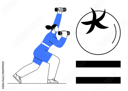 Woman exercising in lunge pose with dumbbells raised, side view of Pisces zodiac symbol and lines. Ideal for fitness, exercise, astrology, balance, wellness, determination zodiac mindfulness. Clean