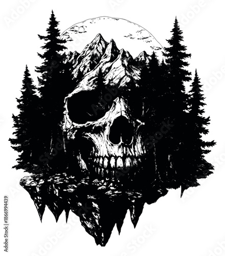 Hand drawn illustration of a skull merged with a mountain forest landscape depicting a mystical dark nature scene for gothic and adventure themed designs