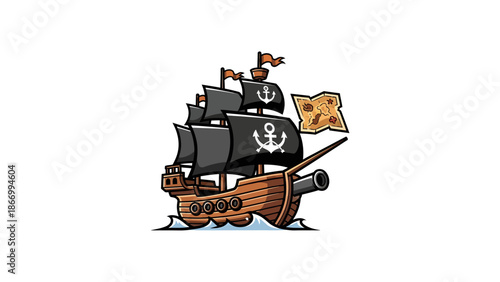 Pirate ship with black sails and a cannon, sailing on the ocean.