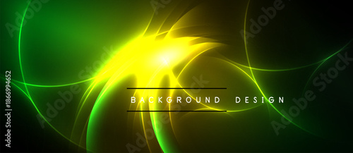 Bright abstract lines form dynamic energy flow. Vivid green, yellow hues dominate dark background. Text reads background design.
