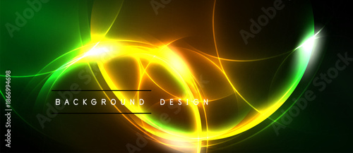 Bright neon lines form abstract shapes over dark background. Vivid green, yellow, orange hues create dynamic visual effect. Text reads background design.