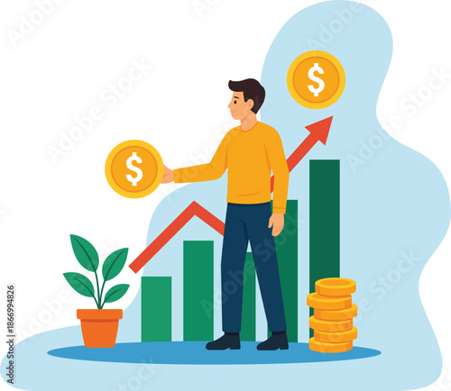 Successful Businessman Illustration with Growing Financial Bar Chart and Dollar Coins Representing Investment Growth and Wealth