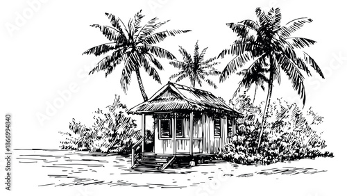 Hand drawn illustration of a tropical beach house depicting a serene island setting for summer vacation