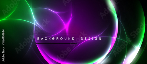 Abstract neon lights create vibrant curves, circles. Purple dominates center, green edges. Black background enhances luminosity, modern design.