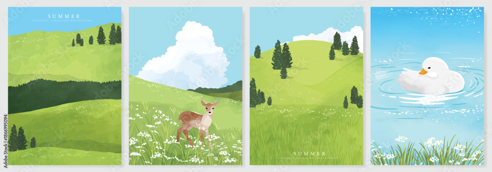 Fototapeta premium Abstract Green Summer landscape background vector set. Nature wallpaper of green field on mountain, yellow flowers, blue sky , birds, river. Watercolor illustration for cover, wall art, decoration.