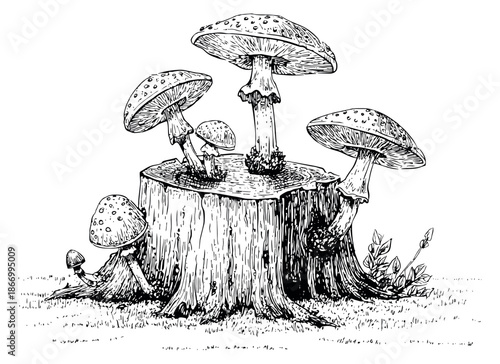Hand drawn line art woodland fungi set featuring mushrooms on a tree stump for nature themed designs