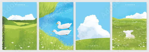 Abstract Green Summer landscape background vector set. Nature wallpaper of green field on mountain, yellow flowers, blue sky , birds, river. Watercolor illustration for cover, wall art, decoration.