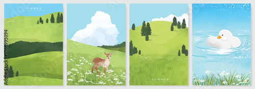 Abstract Green Summer landscape background vector set. Nature wallpaper of green field on mountain, yellow flowers, blue sky , birds, river. Watercolor illustration for cover, wall art, decoration.