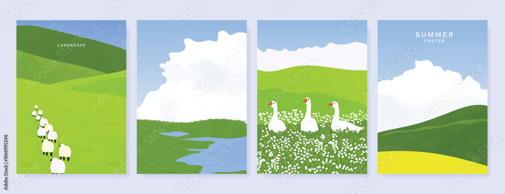 Fototapeta premium Abstract Green Summer landscape background vector set. Nature wallpaper of green field on mountain, yellow flowers, blue sky , birds, river. Watercolor illustration for cover, wall art, decoration.