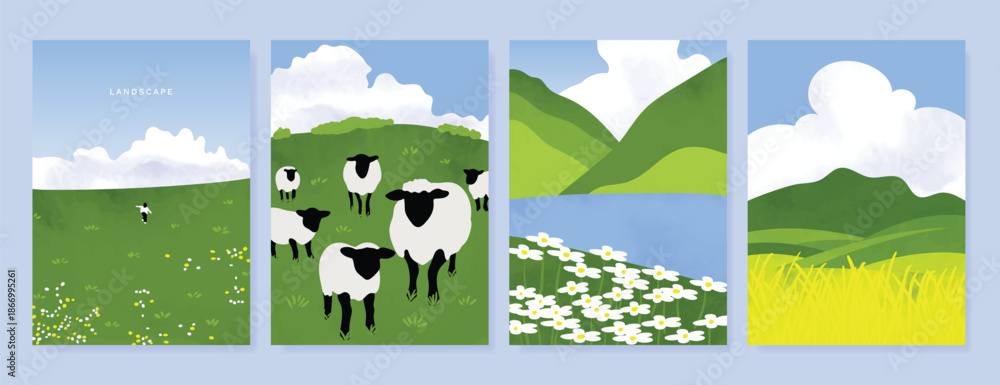 Fototapeta premium Abstract Green Summer landscape background vector set. Nature wallpaper of green field on mountain, yellow flowers, blue sky , birds, river. Watercolor illustration for cover, wall art, decoration.
