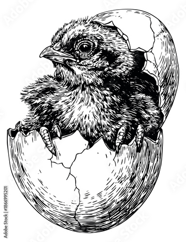 Hand drawn line art illustration of a chick depicting hatching from an egg for new beginnings