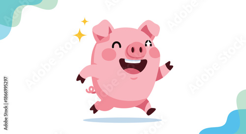 Joyful pink pig running with excitement and a wide smile featuring sparkling eyes and curly tail on a clean white background.