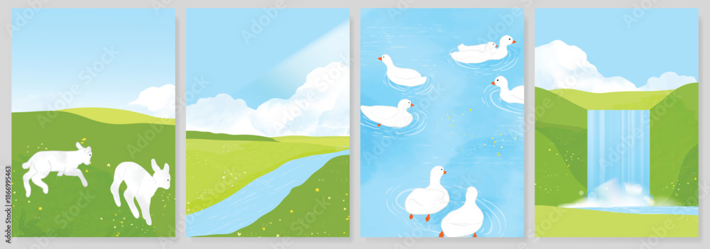 Fototapeta premium Abstract Green Summer landscape background vector set. Nature wallpaper of green field on mountain, yellow flowers, blue sky , birds, river. Watercolor illustration for cover, wall art, decoration.