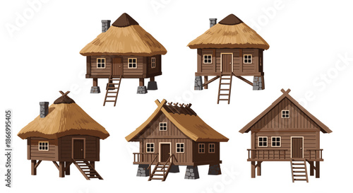 Group of five different traditional wooden house designs with thatched roofs and stone foundations built on stilts.